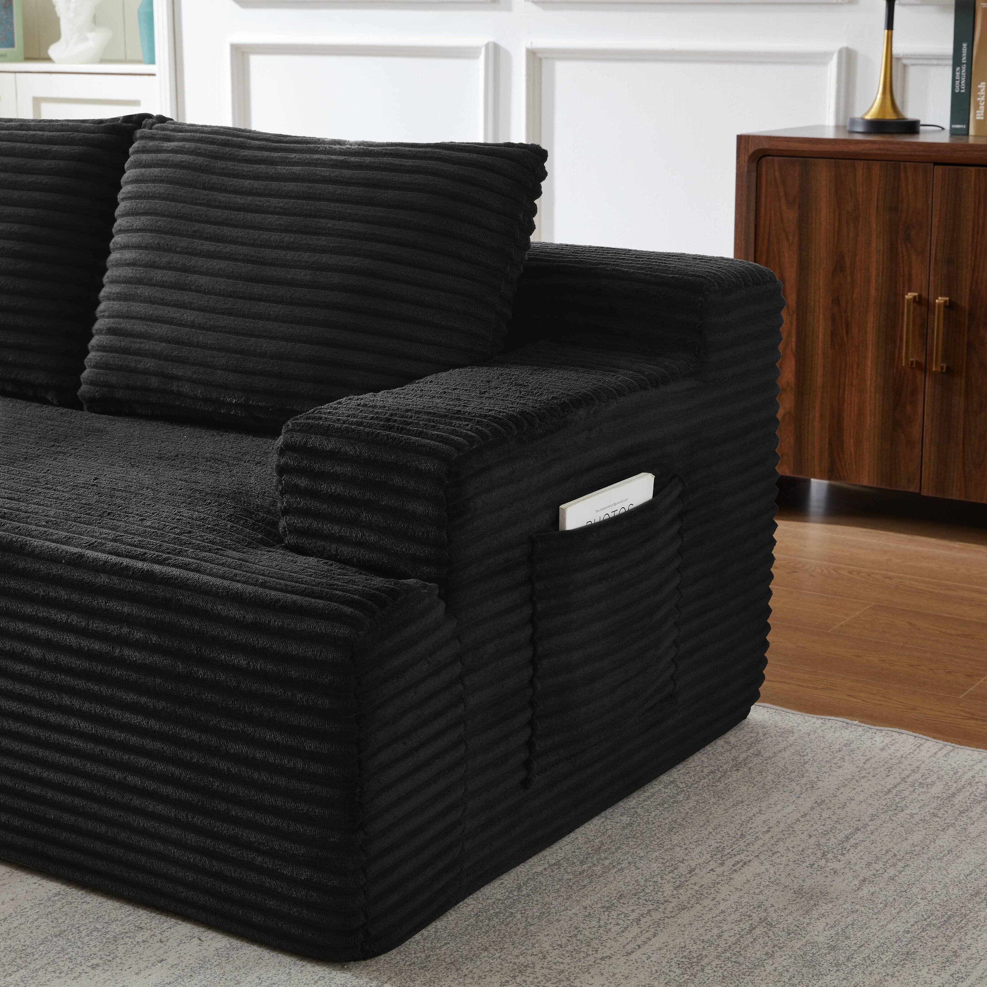Alt View 5. Anysun - Anysun L-Shaped Left-Facing Modular Classic Corduroy Fabric Striped Sectional Sofa with Deep Seat - Black.