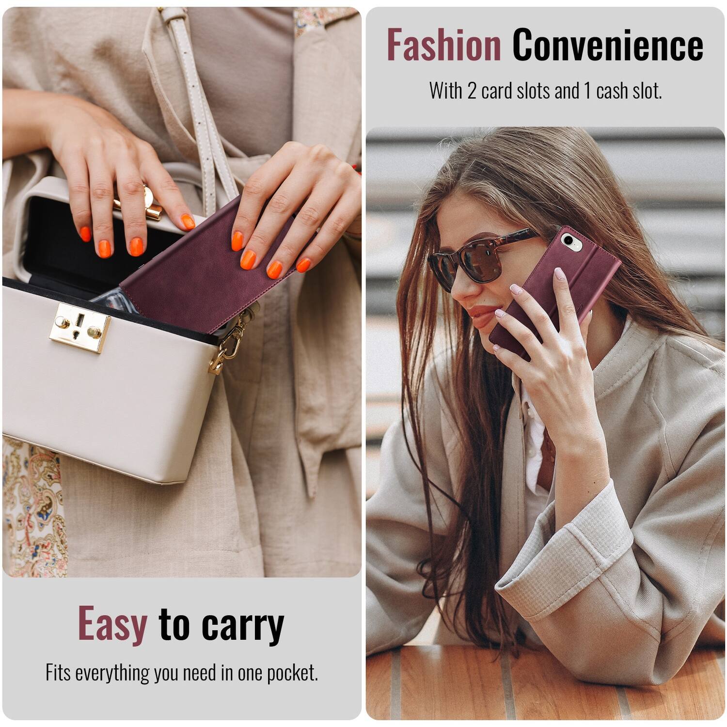 Fashion Convenience  
With 2 card slots and 1 cash slot.  

Easy to carry  
Fits everything you need in one pocket.