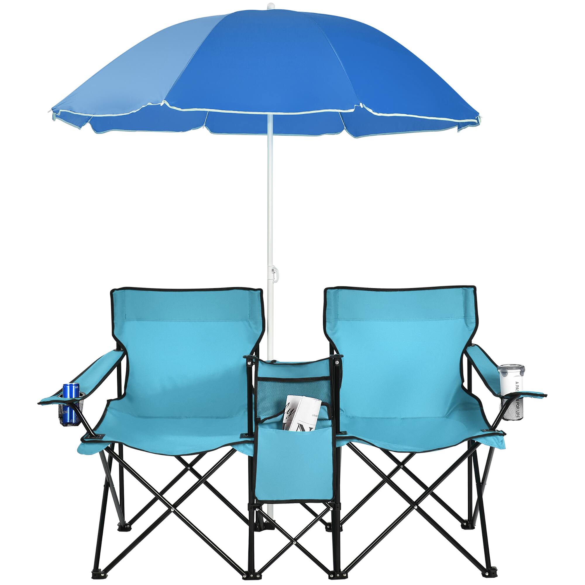 Alt View 18. Costway - Portable Folding Picnic Double Chair W/Umbrella Table Cooler Beach Camping Turquoise - Turquoise.
