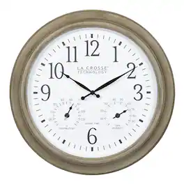La Crosse Technology - 18 Inch Indoor/Outdoor Atomic Analog Wall Clock with Temp and Humidity - Taupe