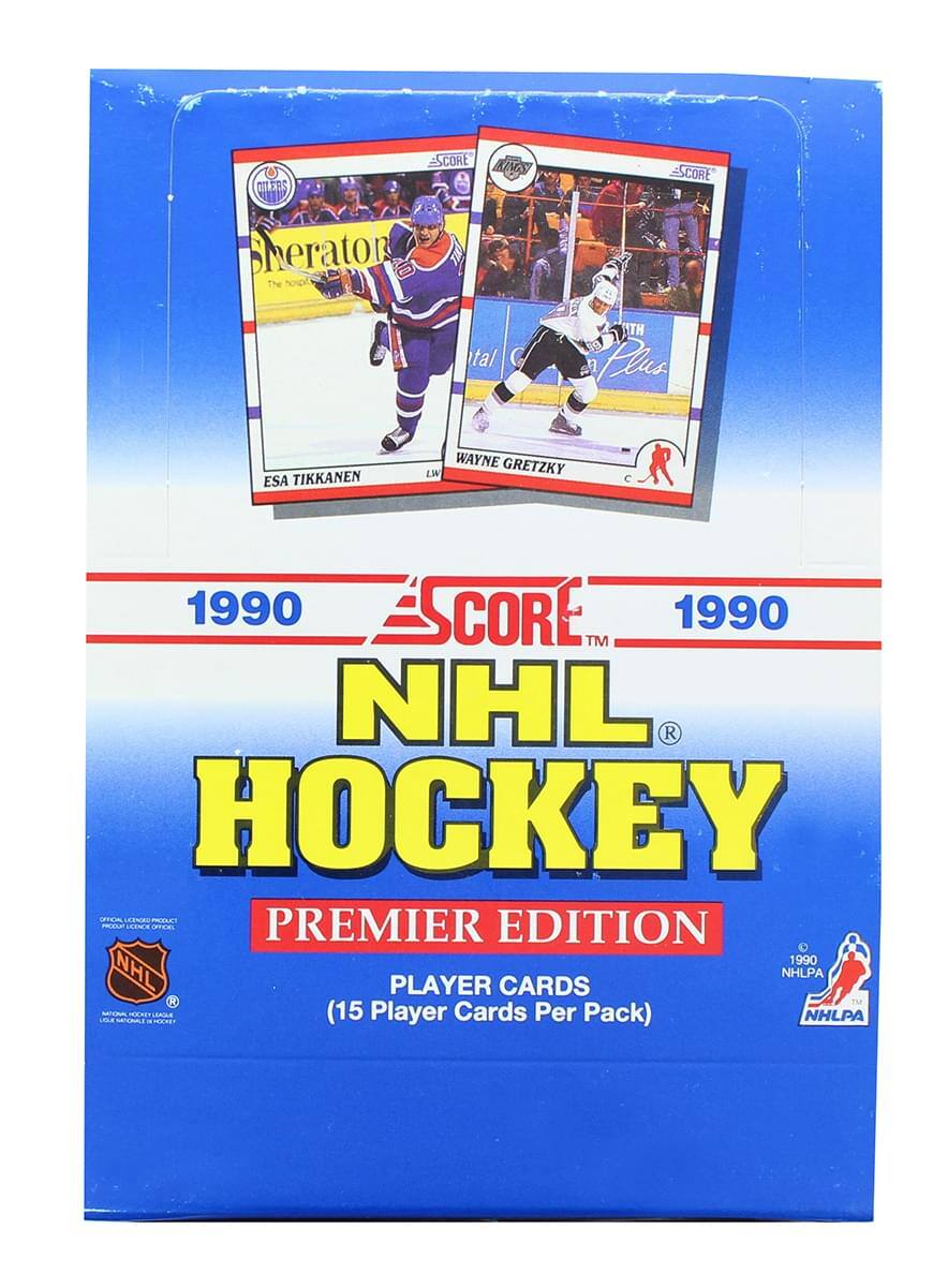 Sure, here is the corrected and grouped text from the image:

---

**1990 SCORE NHL HOCKEY PREMIER EDITION**

**Player Cards (15 Player Cards Per Pack)**

**Esa Tikkanen**  
LW  
Oilers

**Wayne Gretzky**  
C  
North Plus

**Official Licensed Product of the NHL**

**NHLPA**

---

This text is organized to reflect the information on the packaging and cards as shown in the image.