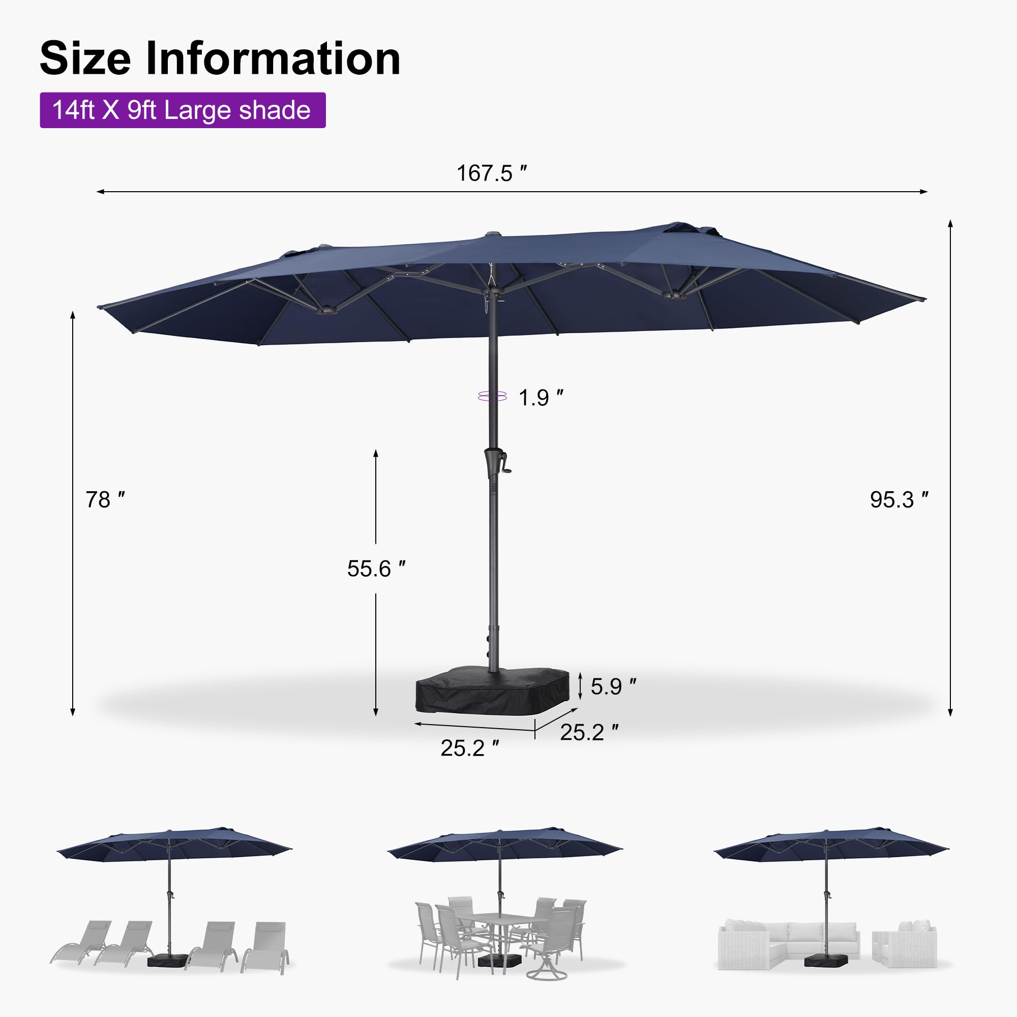 Size Information  
14ft X 9ft Large shade  

- 167.5"  
- 78"  
- 95.3"  
- 55.6"  
- 5.9"  
- 25.2"  
- 25.2"  
- 1.9"
