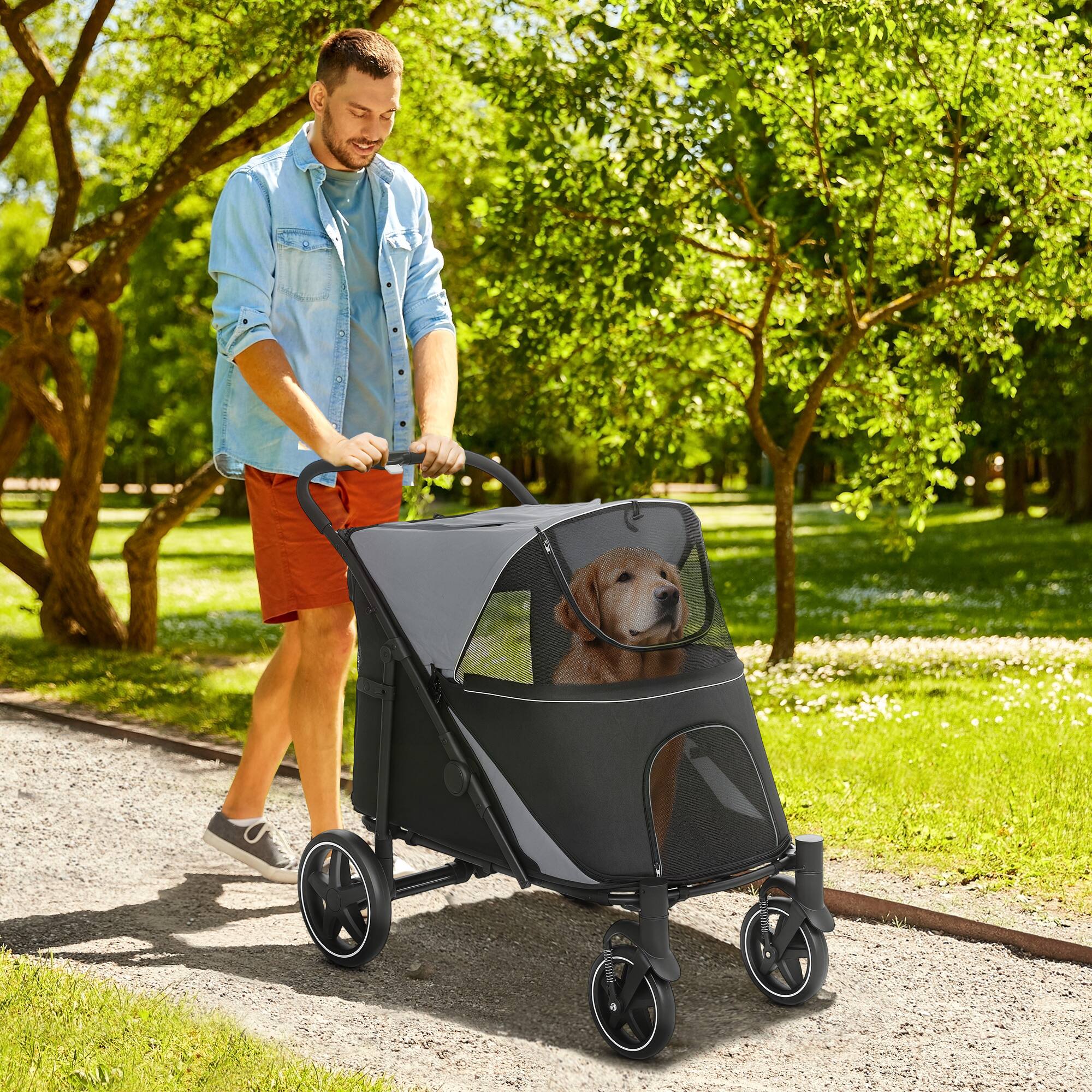 Alt View 1. Pawhut - Dog Stroller, for Dogs up to 66 Lbs, 23.5" Body Length, One-Click Foldable, Storage, Shock Wheels, Mesh, Leash.