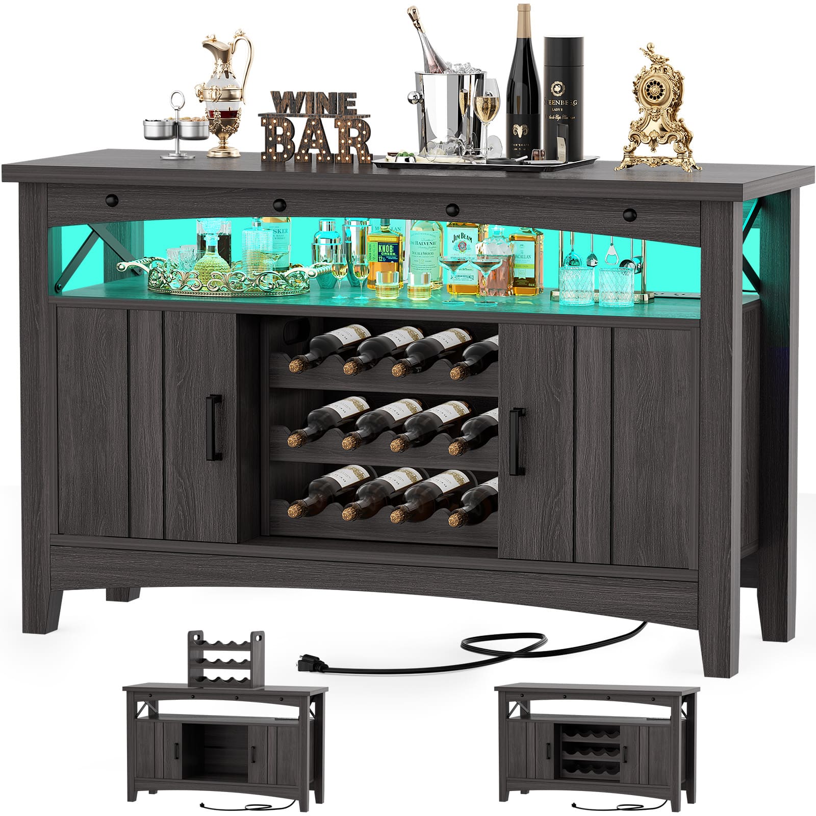Aheaplus - Wine Cabinet with Charging Station and LED Lights, Liquor Cabinet with Movable Wooden Wine Rack - Gray Walnut