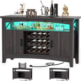 Aheaplus - Wine Cabinet with Charging Station and LED Lights, Liquor Cabinet with Movable Wooden Wine Rack - Gray Walnut