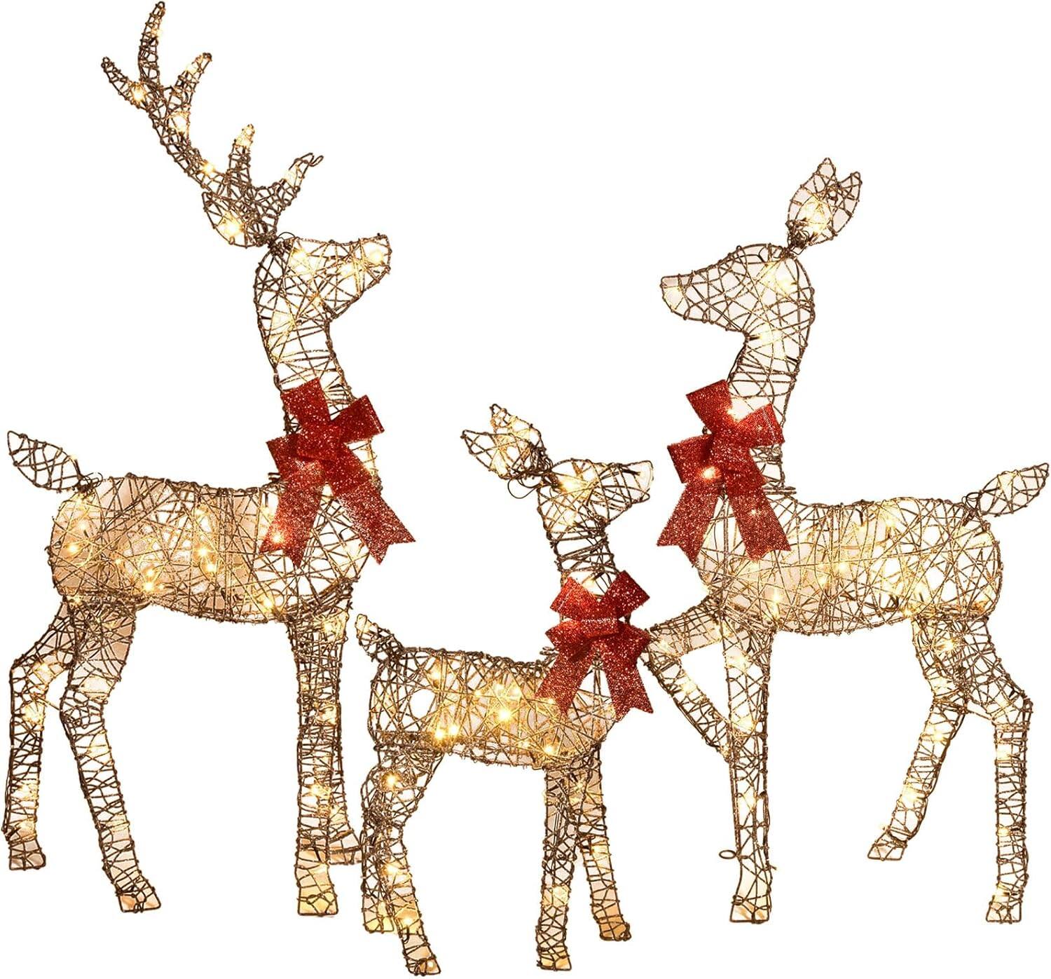 Front. Wikistore - WIKISTORE 4ft Christmas Decorations Outdoor Lighted Reindeer 3-Piece 2D Family Set 145 LED Rattan.