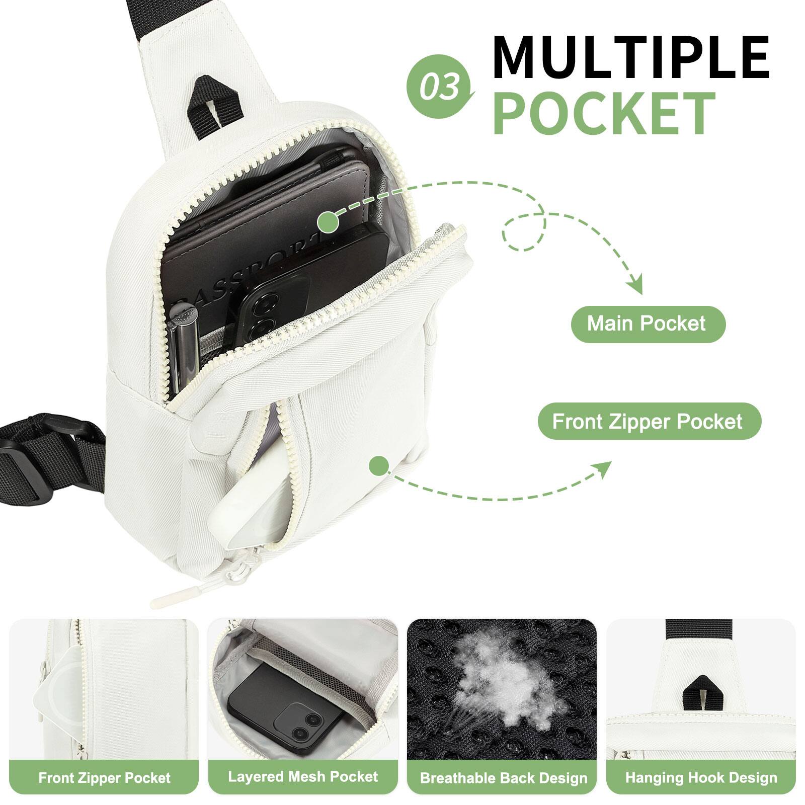 MULTIPLE POCKET

03

Main Pocket  
Front Zipper Pocket  
Layered Mesh Pocket  
Breathable Back Design  
Hanging Hook Design