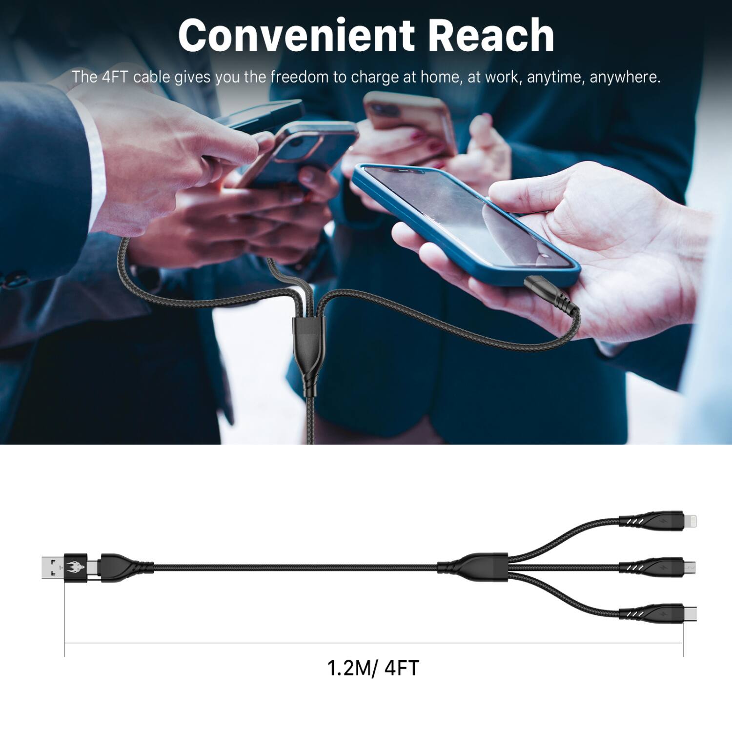 Convenient Reach

The 4FT cable gives you the freedom to charge at home, at work, anytime, anywhere.

1.2M / 4FT