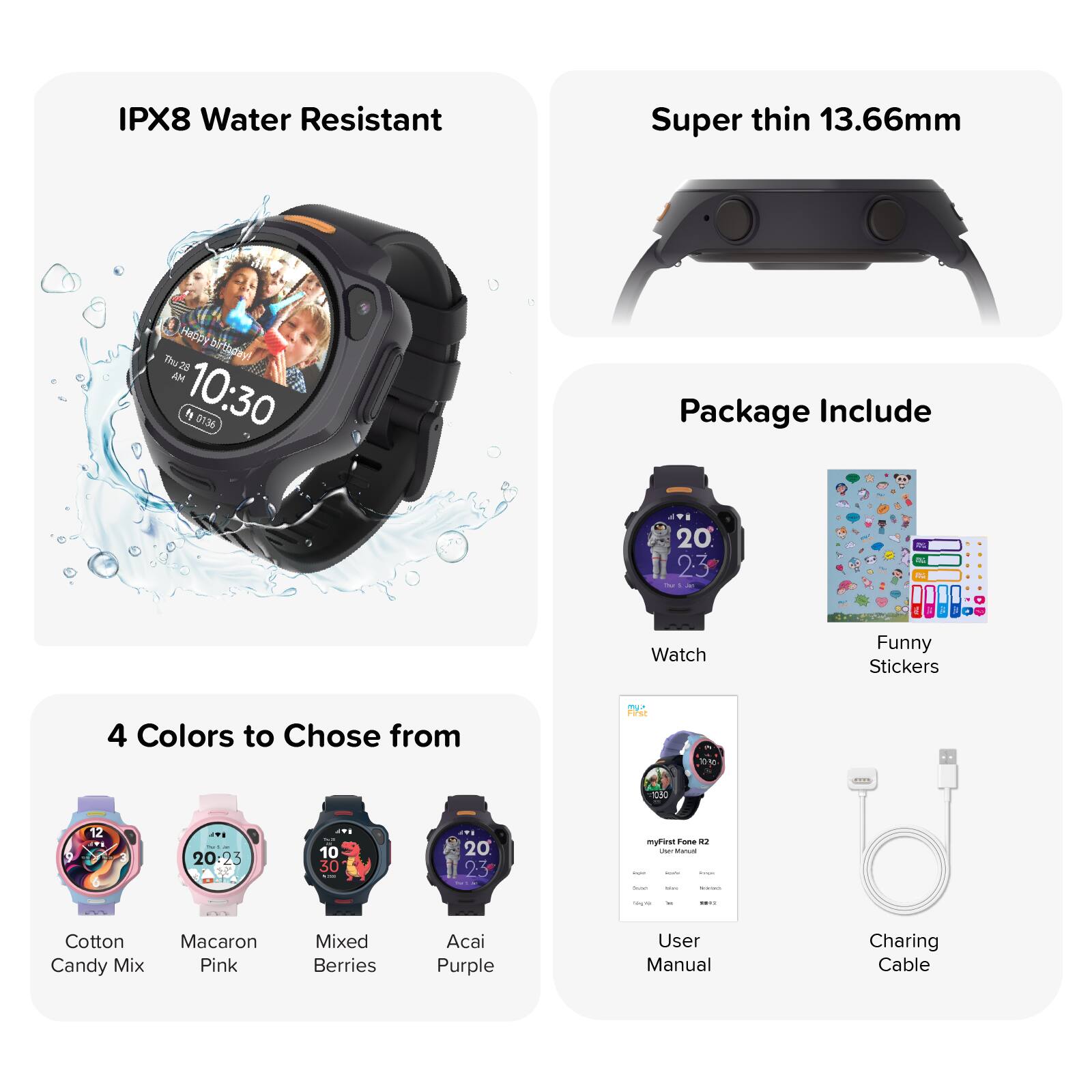 IPX8 Water Resistant

Super thin 13.66mm

Package Include

4 Colors to Choose from
- Cotton Candy Mix
- Macaron Pink
- Mixed Berries
- Acai Purple

Funny Stickers

User Manual

Charging Cable