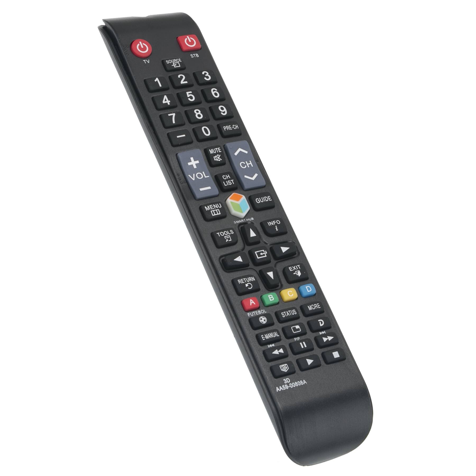 STB TV SOUND - 2 3 1 5 6 4 8 9 7 0 PRE-CH - MUTE + CH VOL CH LIST - GUIDE MENU (ED SMART - INFO i TOOLS EXIT RETURN G D C B A MORE FUTEBOL STATUS D P E-MANUAL F 1 30 AA59-00808A