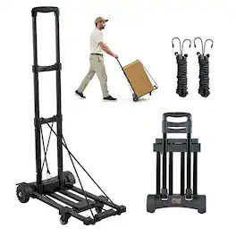 VEVOR - Folding Hand Truck, 290 lbs Load Capacity, Collapsible Luggage Cart with 4 Wheels, 2 Elastic Ropes & Expandable Base - Black