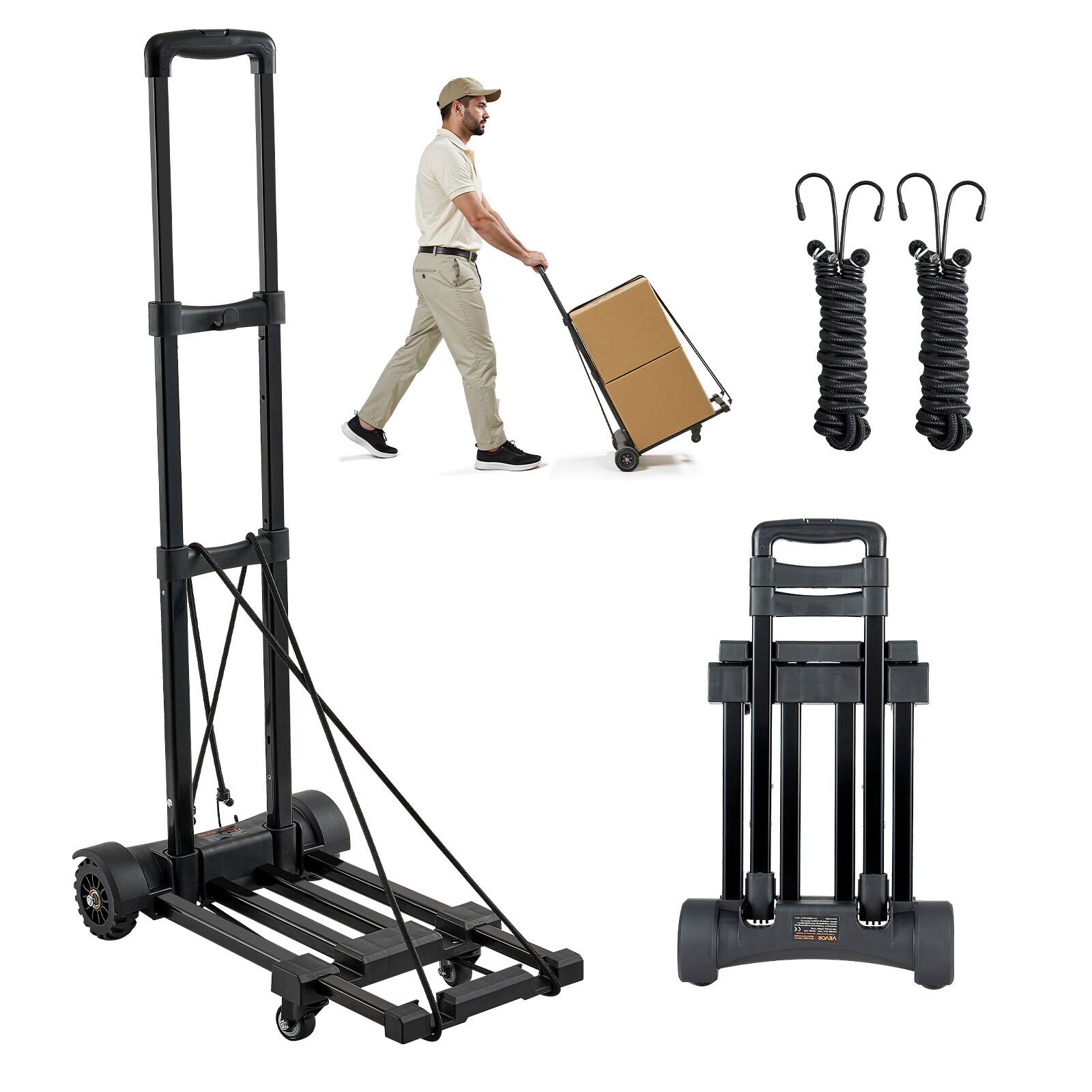 VEVOR - Folding Hand Truck, 290 lbs Load Capacity, Collapsible Luggage Cart with 4 Wheels, 2 Elastic Ropes & Expandable Base - Black
