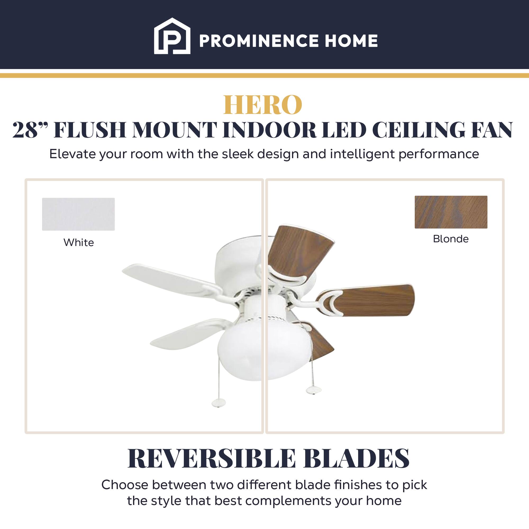 PROMINENCE HOME

HERO

28" FLUSH MOUNT INDOOR LED CEILING FAN

Elevate your room with the sleek design and intelligent performance

White Blonde

REVERSIBLE BLADES

Choose between two different blade finishes to pick the style that best complements your home