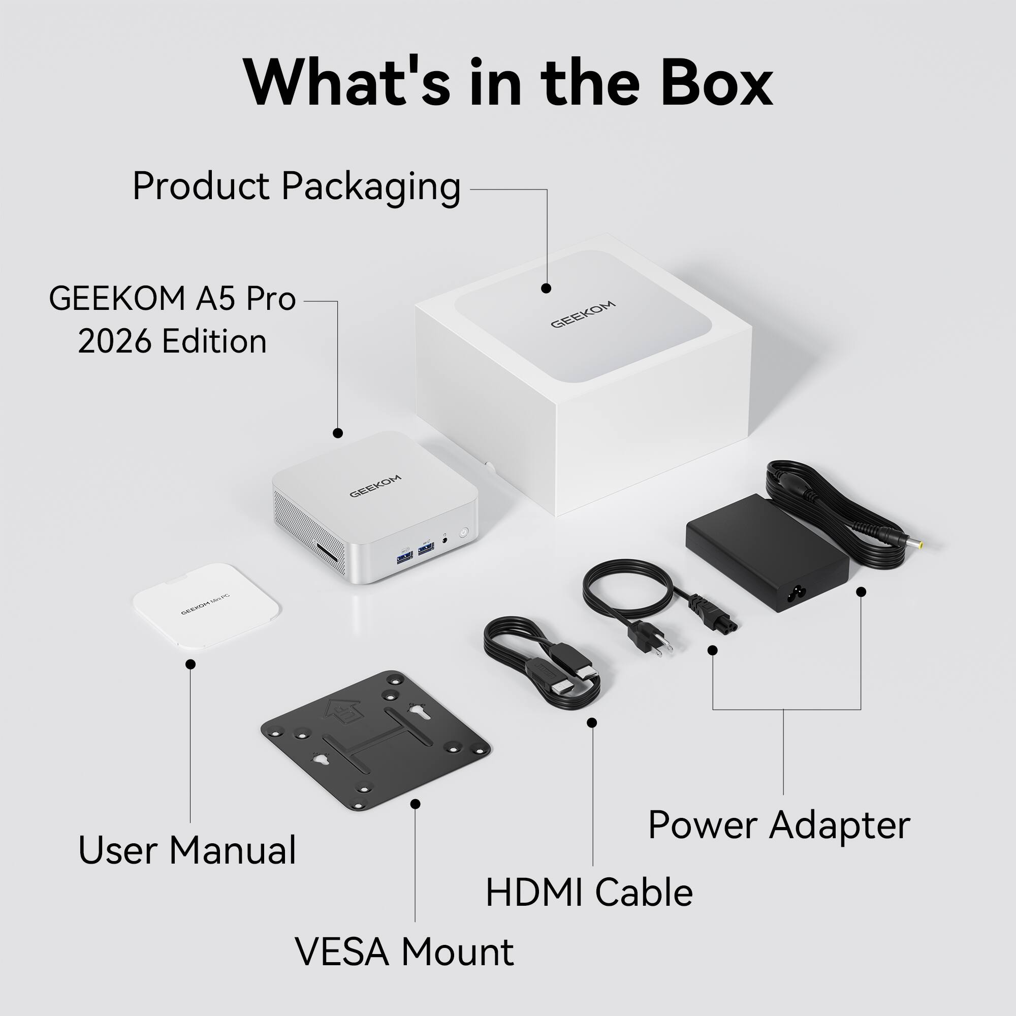 What's in the Box

- Product Packaging
- GEEKOM A5 Pro 2026 Edition
- User Manual
- HDMI Cable
- VESA Mount
- Power Adapter