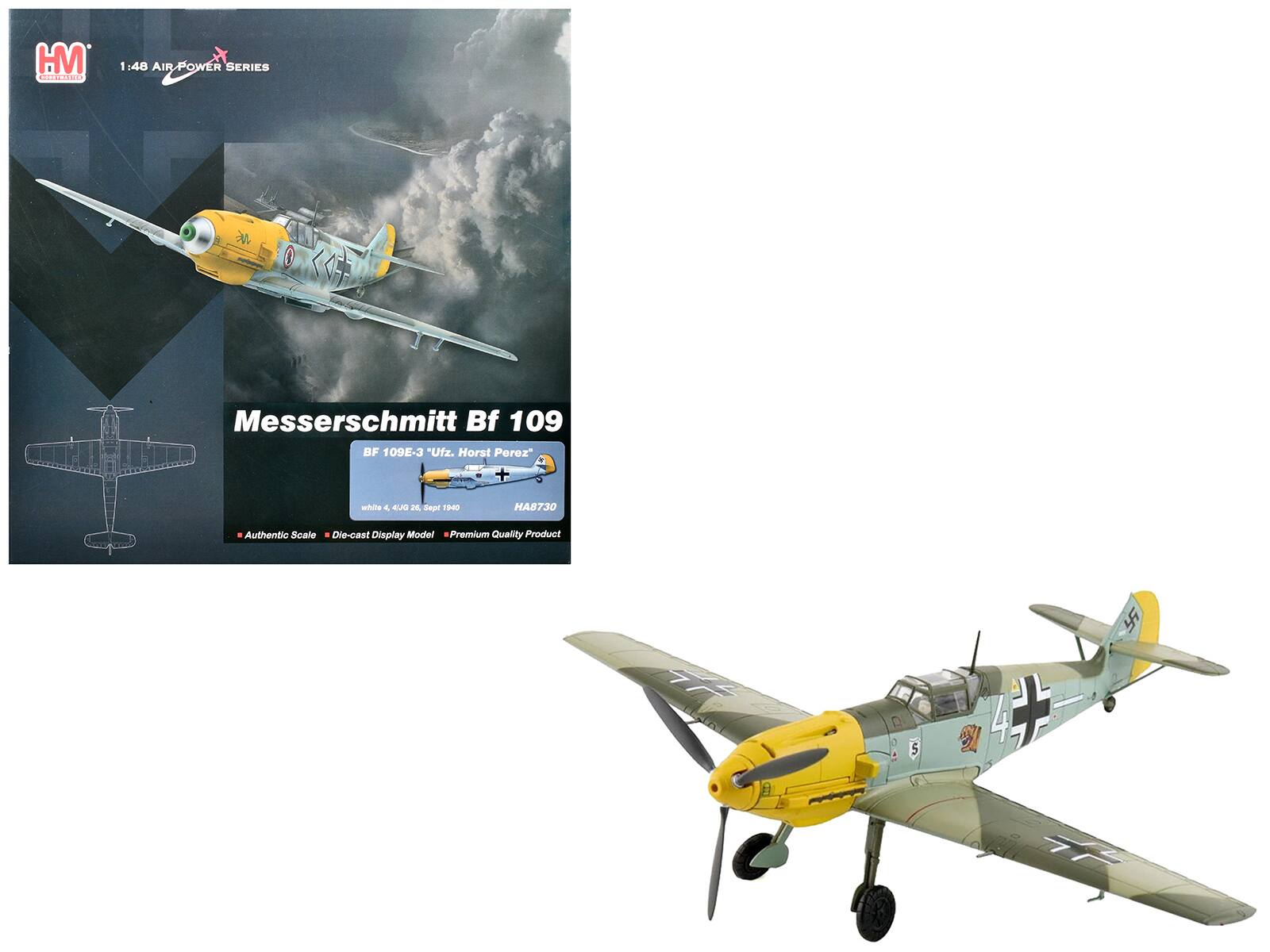 HM RACAN
1:48 AIR POWER SERIES
Messerschmitt Bf 109
BF 109E-3 "Ufz. Horst Perez"
Sept 1940
HA8730
Authentic Scale
Die-cast Display Model
Premium Quality Product
Messerschmitt Bf 109
BF 109E-3
"Ufz. Horst Perez"
Sept 1940
HA8730