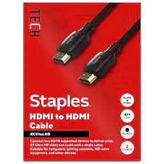 **TECH Staples**
**HDMI to HDMI Cable**
- **4K Ultra HD Audio & Video**
- **4FT (1.2M)**
- **BLACK**
- **2 CORDS**
Connect two HDMI supported devices to deliver crisp, 4K Ultra HD video and audio with a single cable. Suitable for computers, gaming consoles, HD video equipment, and other devices.
