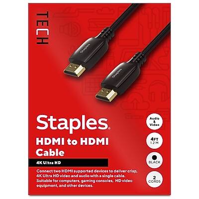Staples TECH - 4 ft. HDMI to HDMI Audio/Video Cable, Male to Male, 2/Pack (ST62478) - Black