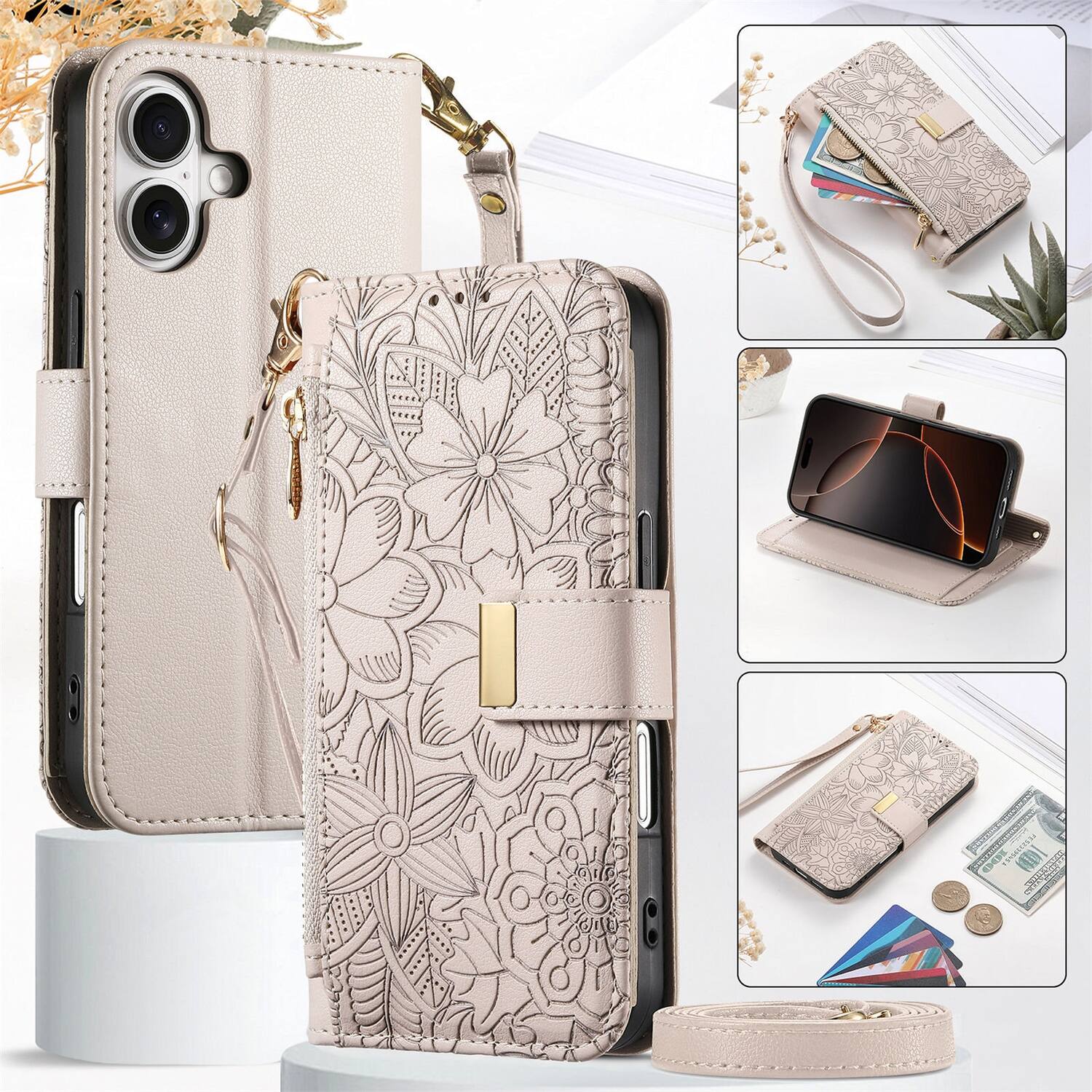 Angle. Dteck - Floral Embossed Leather Zipper Cash Slot Wallet Case for Apple iPhone 16 with Detachable Strap - Beige.