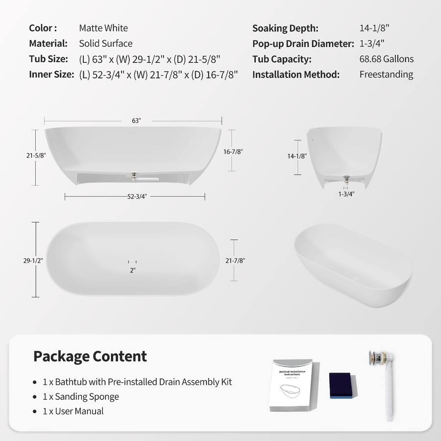 Solid Color Pop Its Loheer 63 Inch Freestanding Solid Surface Soaking Bathtub with Center ...