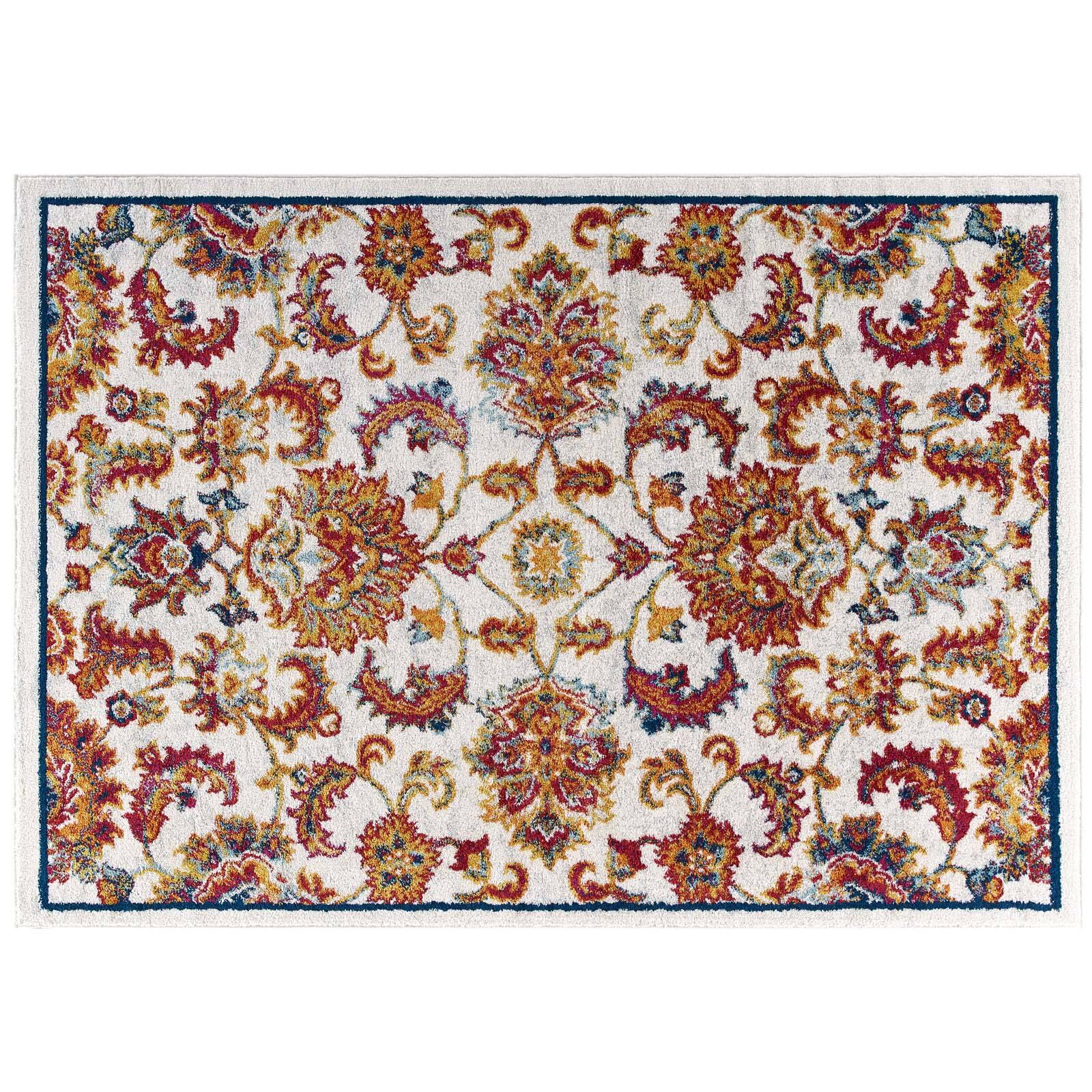 Angle. Modway - Entourage Azami Distressed Vintage Floral Lattice Area Rug - Ivory Blue Orange Yellow Red.