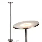 Front. Brightech - Sky Flux LED Modern Industrial Torchère Dimmable Super Bright Floor Lamp with Built-in Adjustable Head Tilt - Brushed Satin Nickel.