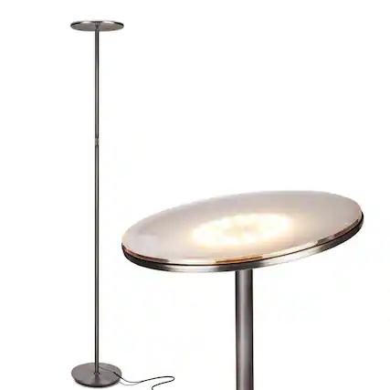 Front. Brightech - Sky Flux LED Modern Industrial Torchère Dimmable Super Bright Floor Lamp with Built-in Adjustable Head Tilt - Brushed Satin Nickel.