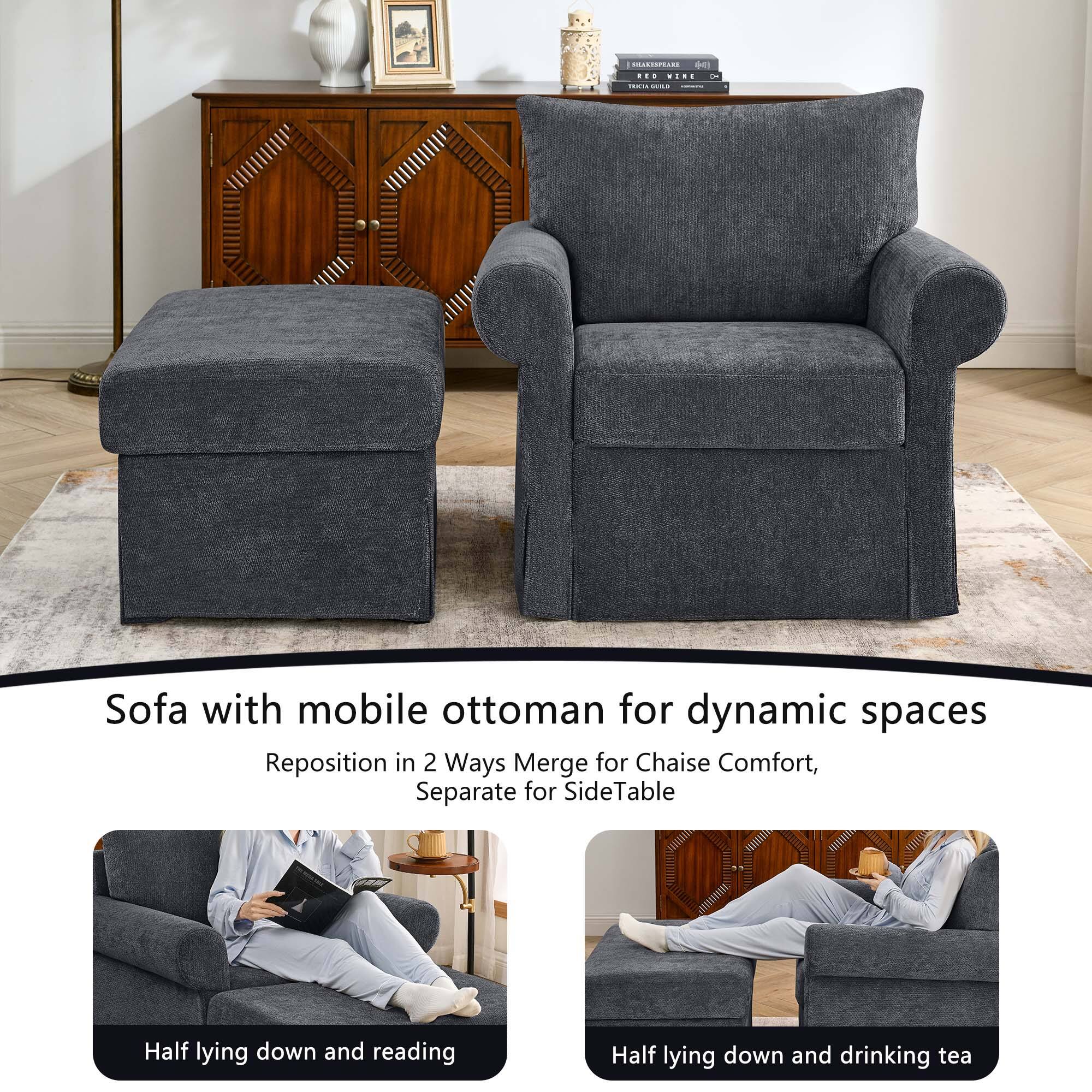 Sofa with mobile ottoman for dynamic spaces  
Reposition in 2 Ways Merge for Chaise Comfort, Separate for SideTable  
Half lying down and reading  
Half lying down and drinking tea