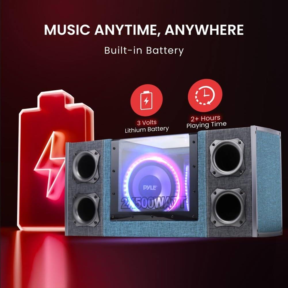 MUSIC ANYTIME, ANYWHERE  
Built-in Battery  

3 Volts Lithium Battery  
2+ Hours Playing Time  

PYLE 2,500WATT