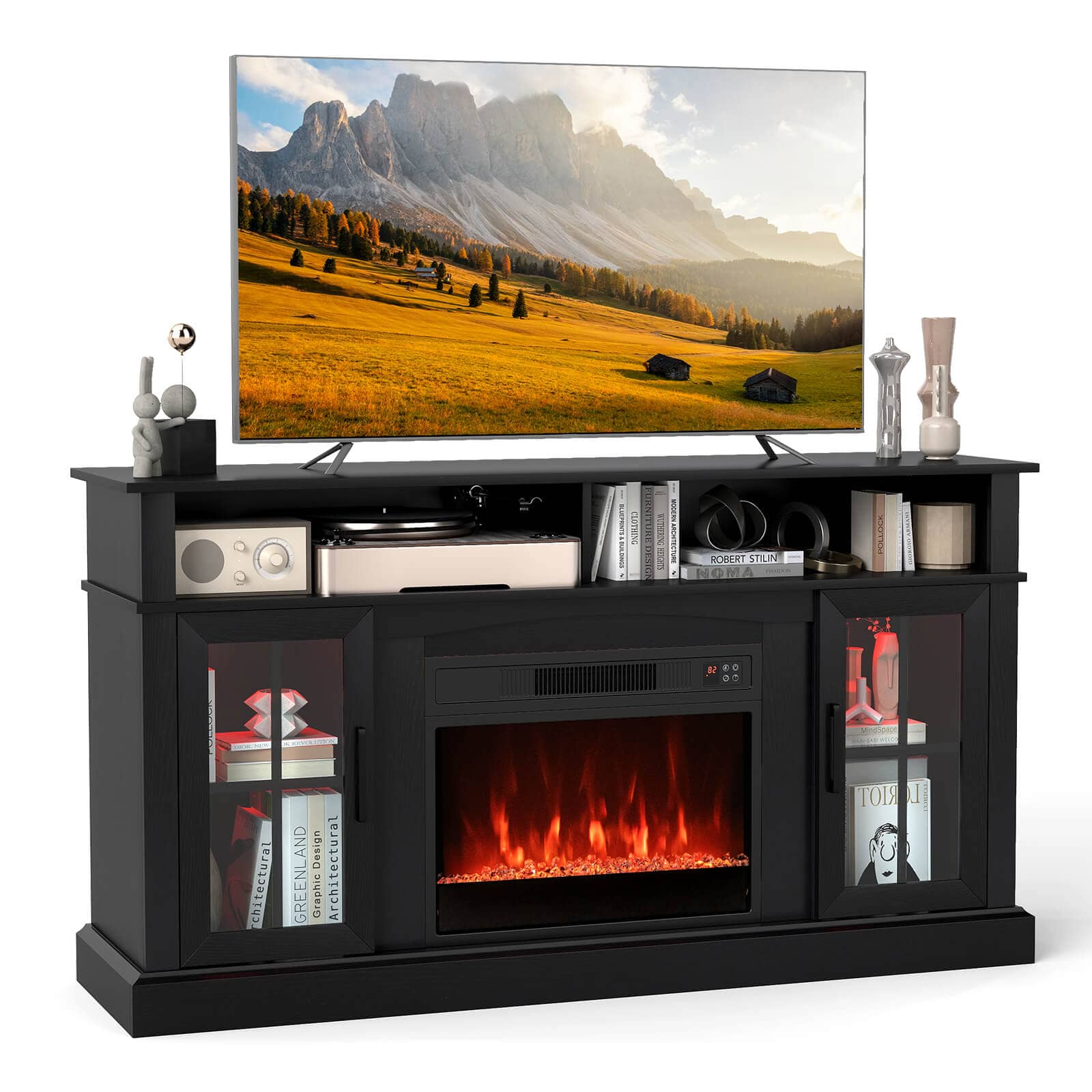 Costway - 58" Fireplace TV Stand with LED Lights Entertainment Center for 65 Inch TV - Black