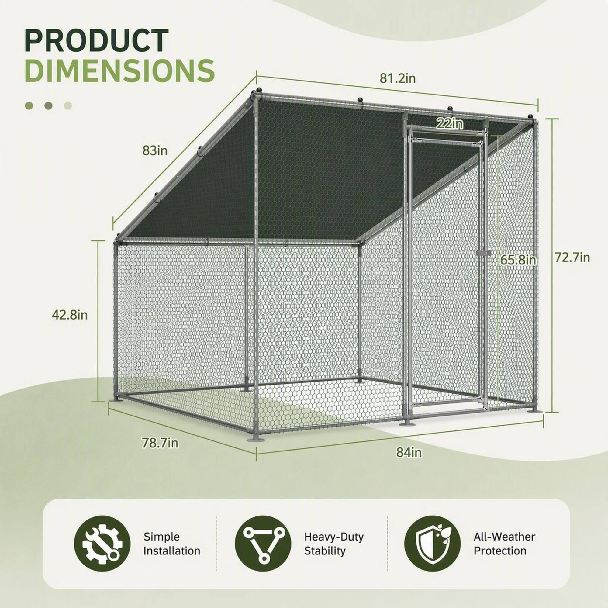 PRODUCT DIMENSIONS

81.2in  
22in  
83in  
65.8in  
72.7in  
42.8in  
78.7in  
84in  

Simple Installation  
Heavy-Duty Stability  
All-Weather Protection