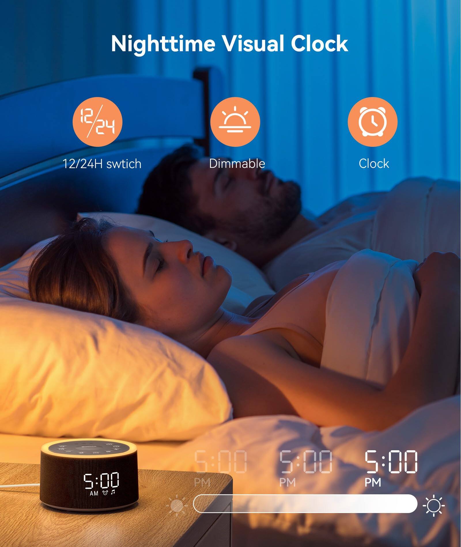 Nighttime Visual Clock

12/24H switch  
Dimmable  
Clock  

5:00 AM  
5:00 PM  
5:00 PM  
5:00 PM