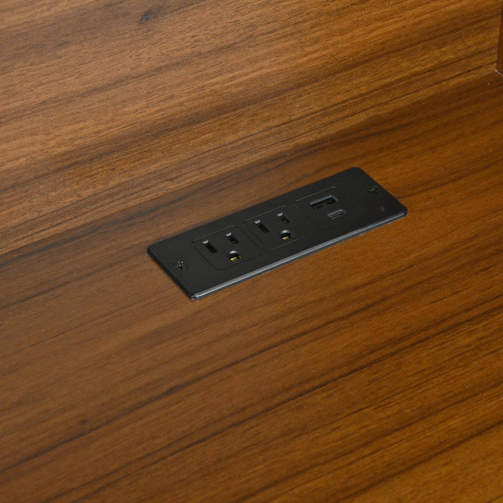 Alt View 7. Spaco - 47" Retro Desk with Charging Ports, Hutch, 5 Drawers, Glass Bookshelf - Black,White.