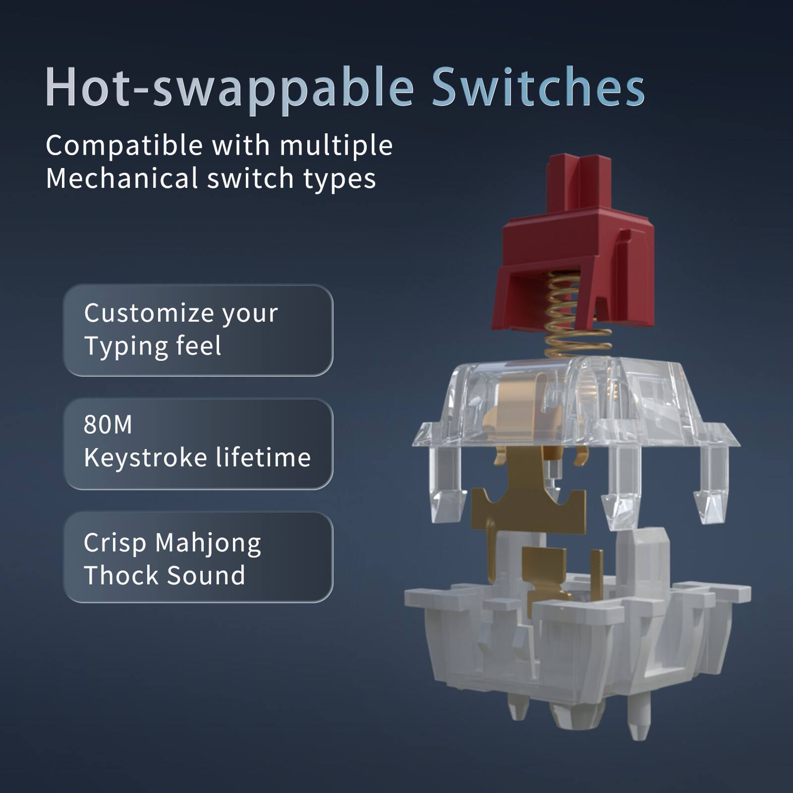 Hot-swappable Switches  
Compatible with multiple Mechanical switch types  
Customize your Typing feel  
80M Keystroke lifetime  
Crisp Mahjong Thock Sound