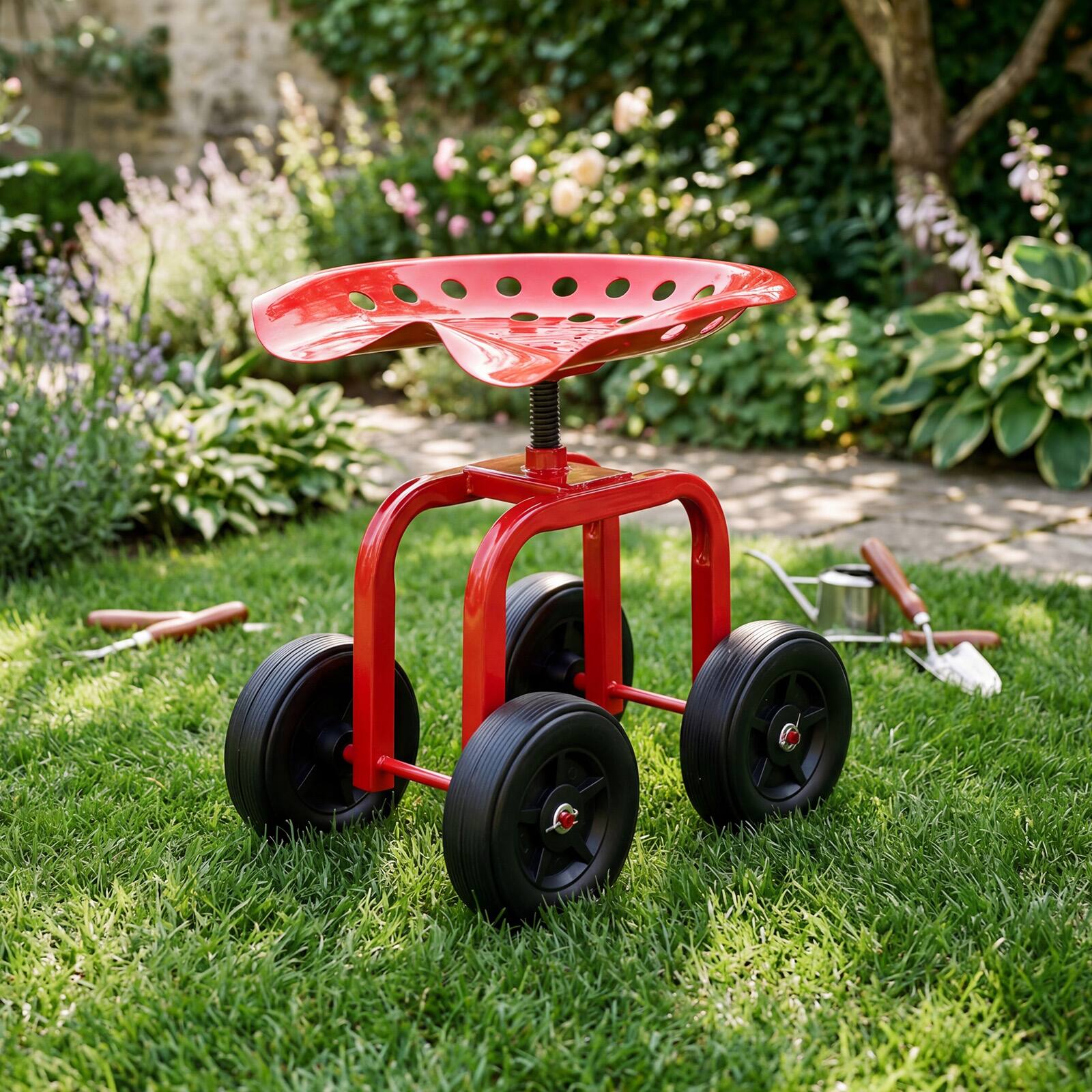 Alt View 4. Costway - Costway Rolling Garden Cart Heavy Duty Workseat with 360° Swivel Seat & Adjustable Height - Red.