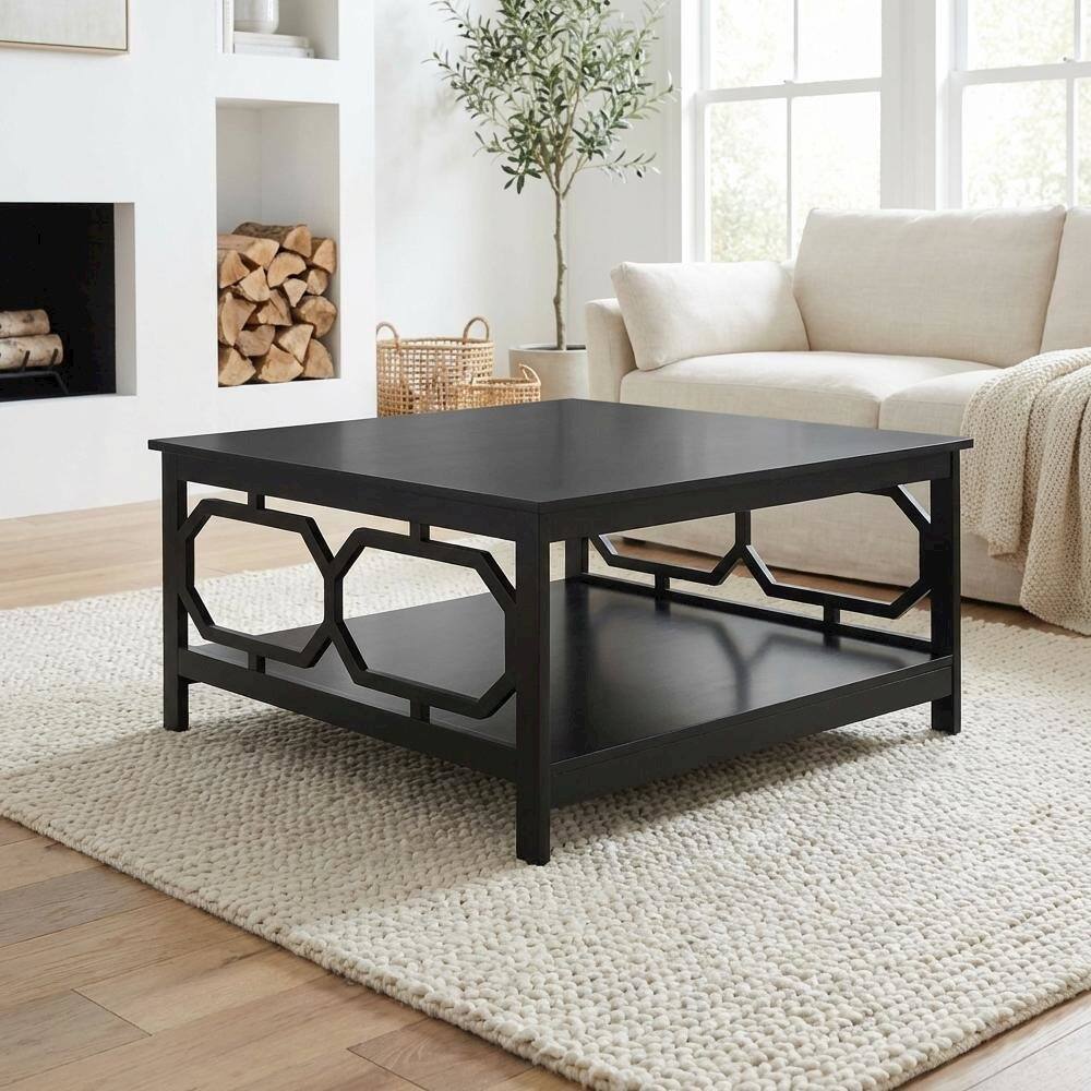 Back. FurniFact - Black MDF Coffee Table Square Top with Sturdy Frame and Modern Design - Black.