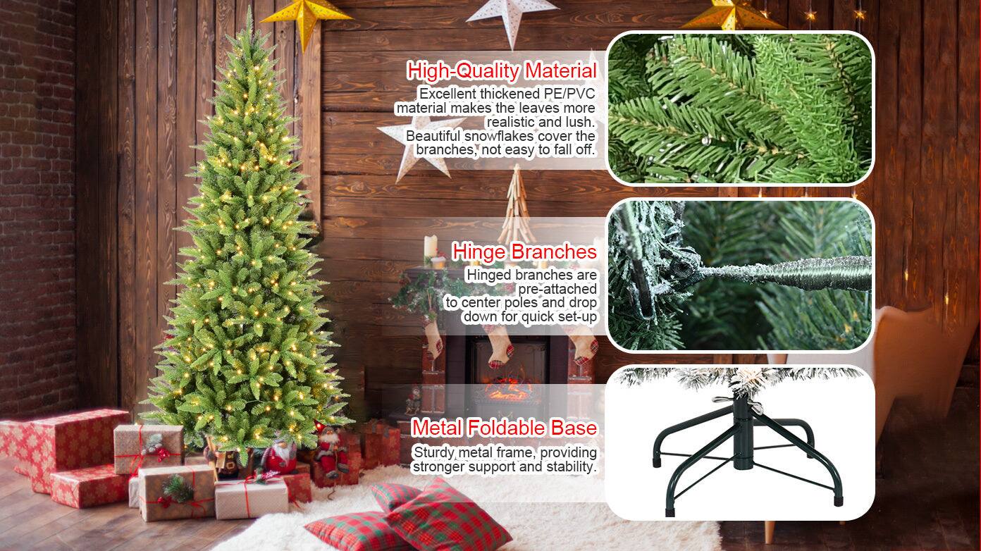 High-Quality Material  
Excellent thickened PE/PVC material makes the leaves more realistic and lush. Beautiful snowflakes cover the branches, not easy to fall off.

Hinged Branches  
Hinged branches are pre-attached to center poles and drop down for quick set-up.

Metal Foldable Base  
Sturdy metal frame, providing stronger support and stability.