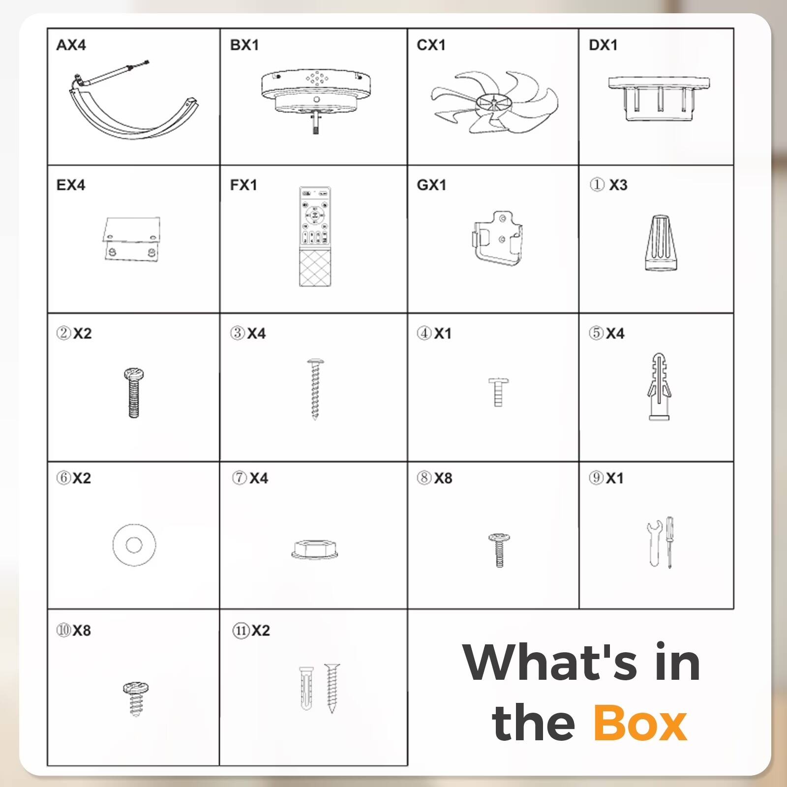 AX4 BX1 CX1 DX1 EX4 FX1 GX1 1 X3 2 X2 3 X4 4 X1 5 X4 6 X2 7 X4 8 X8 9 X1 10 X8 11 X2

What's in the Box