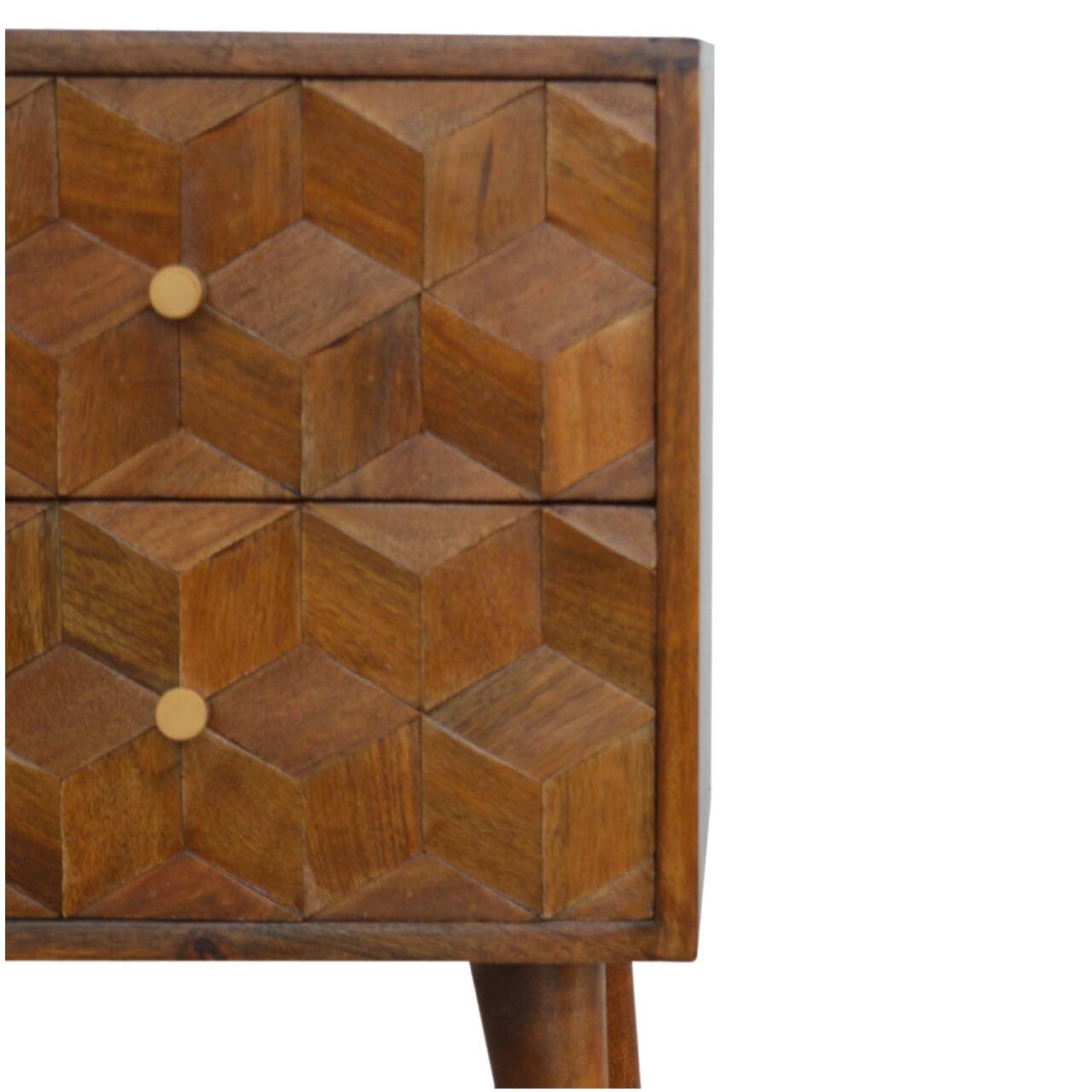 Back. Artisan Furniture - Artisan Furniture Solid Wood Chestnut Cube Carved Nightstand, 2 Drawers, Nordic Legs, Dark Brown - Chestnut.