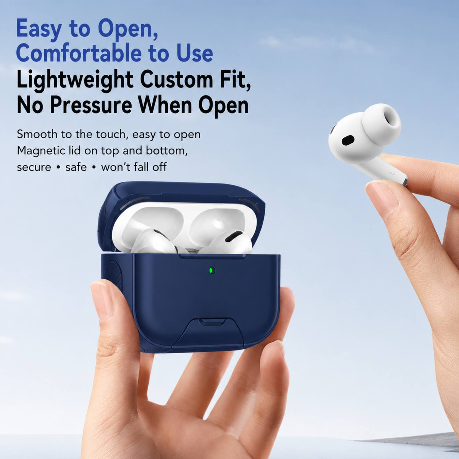 Easy to Open, Comfortable to Use  
Lightweight Custom Fit, No Pressure When Open  
Smooth to the touch, easy to open  
Magnetic lid on top and bottom, secure • safe • won't fall off