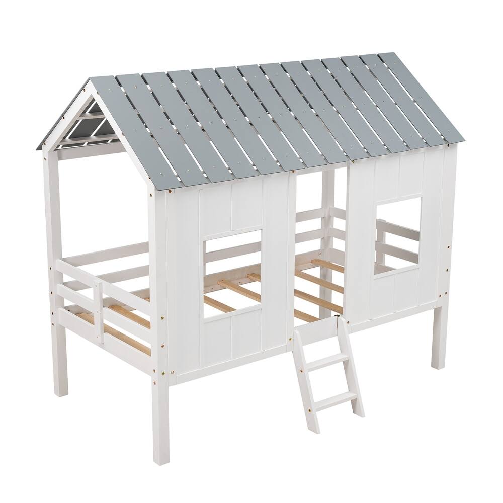 Alt View 2. Loheer - Loheer Twin House Bed Low Loft Kids Playhouse Bed with Roof White - White.