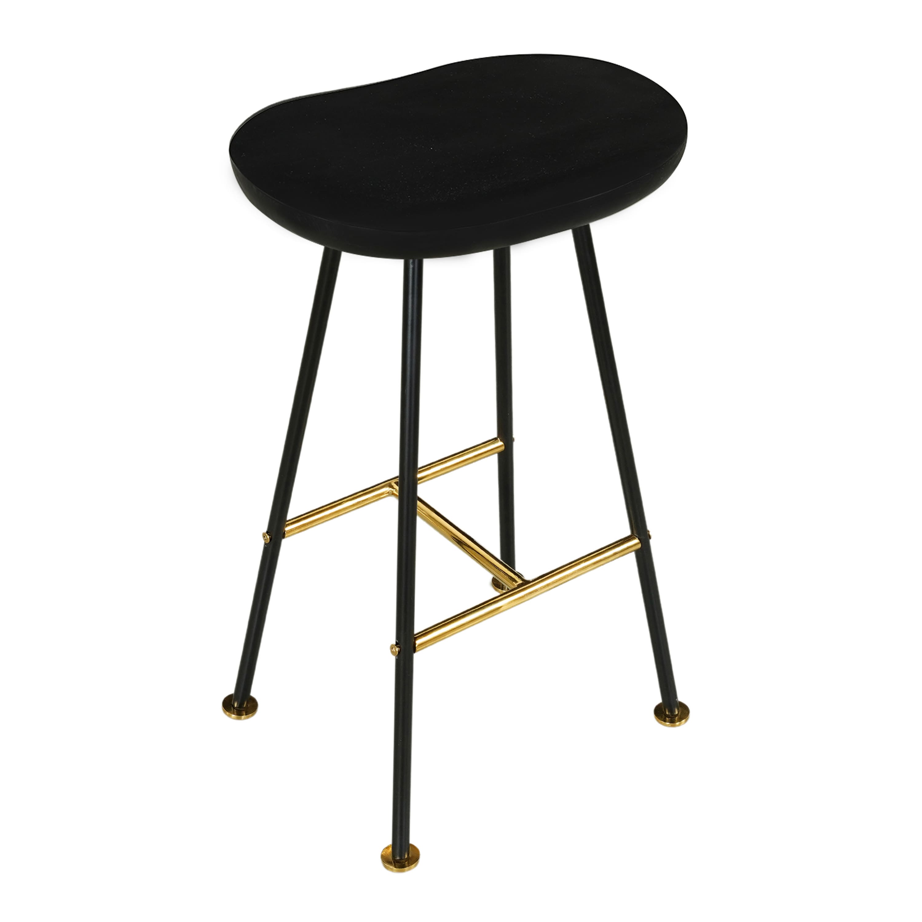 Front. Manhattan Lane - Elira 24" Backless Barstool with Handcrafted Mango Wood Saddle Seat | PVD Coating | Black Iron Legs | Gold Footrest - Black, Gold.