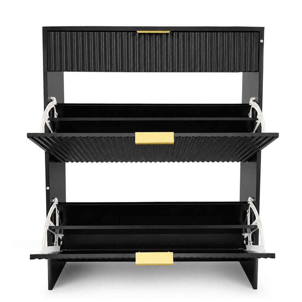 Angle. Loheer - Loheer Narrow Fluted Shoe Cabinet, Black Shoe Cabinet with Gold Handles, Flip Drawers - Black.
