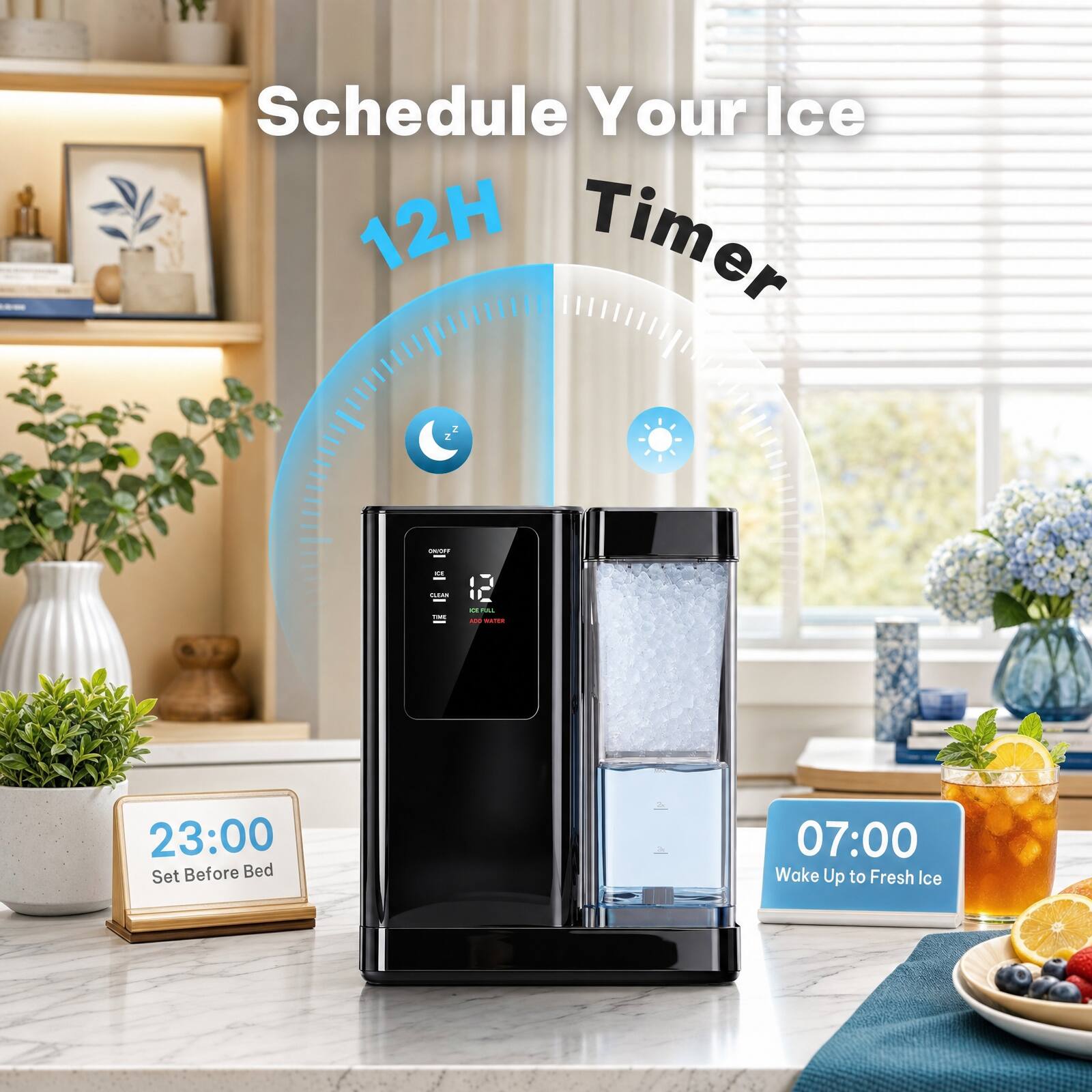 Schedule Your Ice 12H Timer  
ON/OFF  
DE  
GLIAN  
TOT  
REFUS 100 HOC MILTER  
23:00 Set Before Bed  
07:00 Wake Up to Fresh Ice