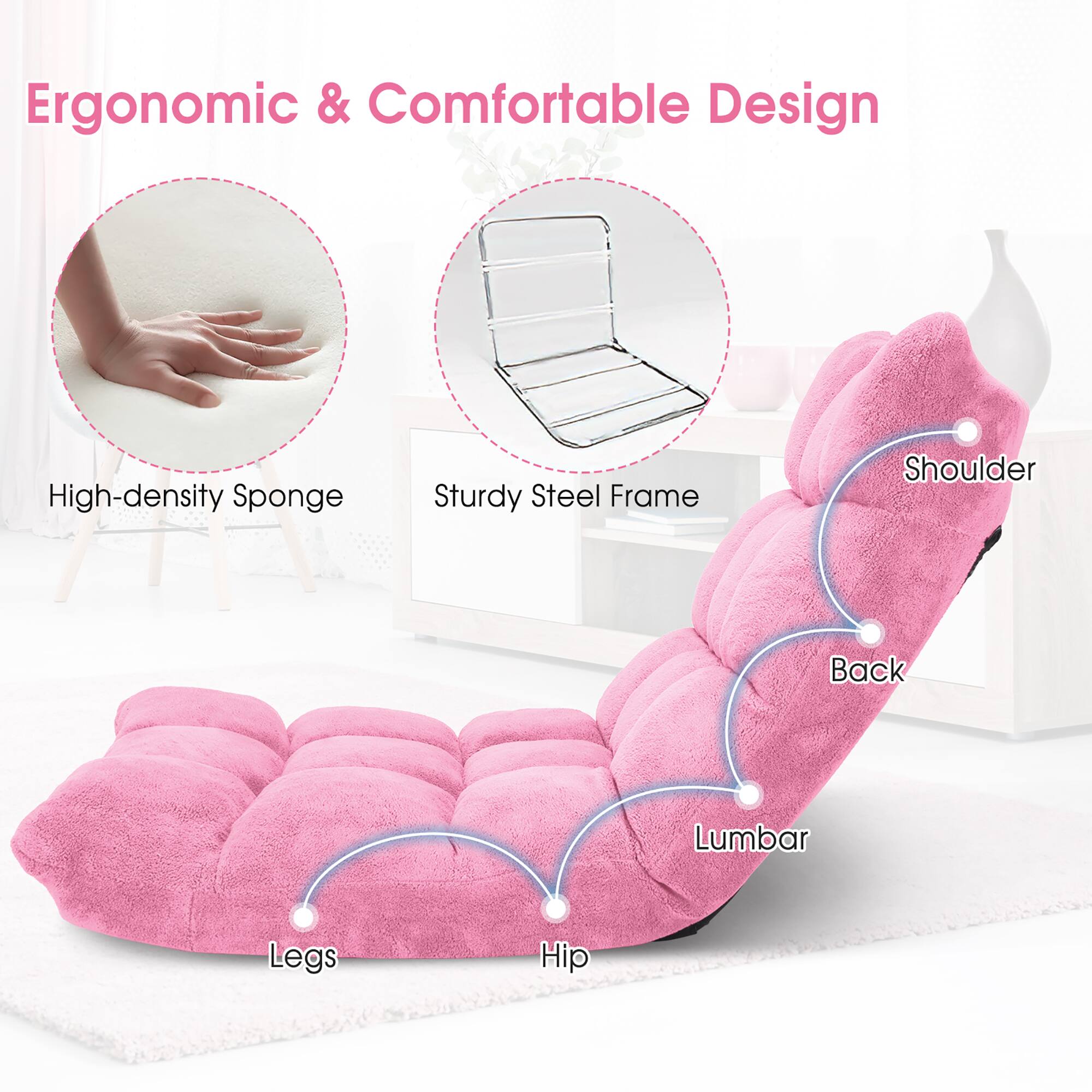 Ergonomic & Comfortable Design

- High-density Sponge
- Sturdy Steel Frame
- Shoulder
- Back
- Lumbar
- Hip
- Legs