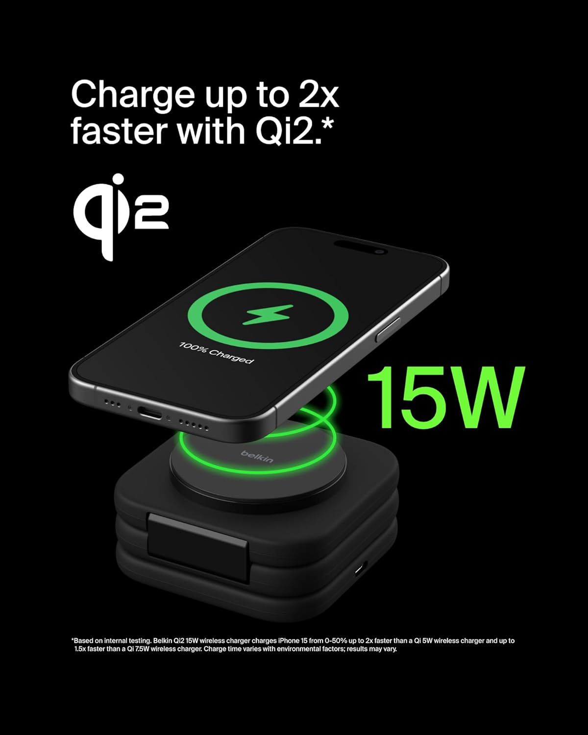 Charge up to 2x faster with Qi2.*

15W

*Based on internal testing. Belkin QI2 15W wireless charger charges iPhone 15 from 0-50% up to 2x faster than a QI 5W wireless charger and up to 1.5x faster than a QI 7.5W wireless charger. Charge time varies with environmental factors; results may vary.