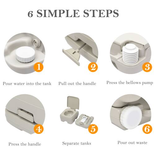 6 SIMPLE STEPS

1. Pour water into the tank
2. Pull out the handle
3. Press the bellows pump
4. Press the handle
5. Separate tanks
6. Pour out waste