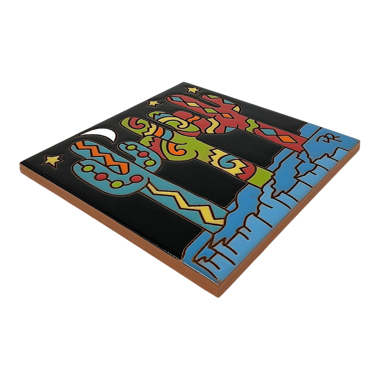 Left. Earthtones Tile - Earthtones Southwest Saguaros Colorful Cactus 6X6 Hand Glazed Decorative Tile or Kitchen Trivet - Multicolor.