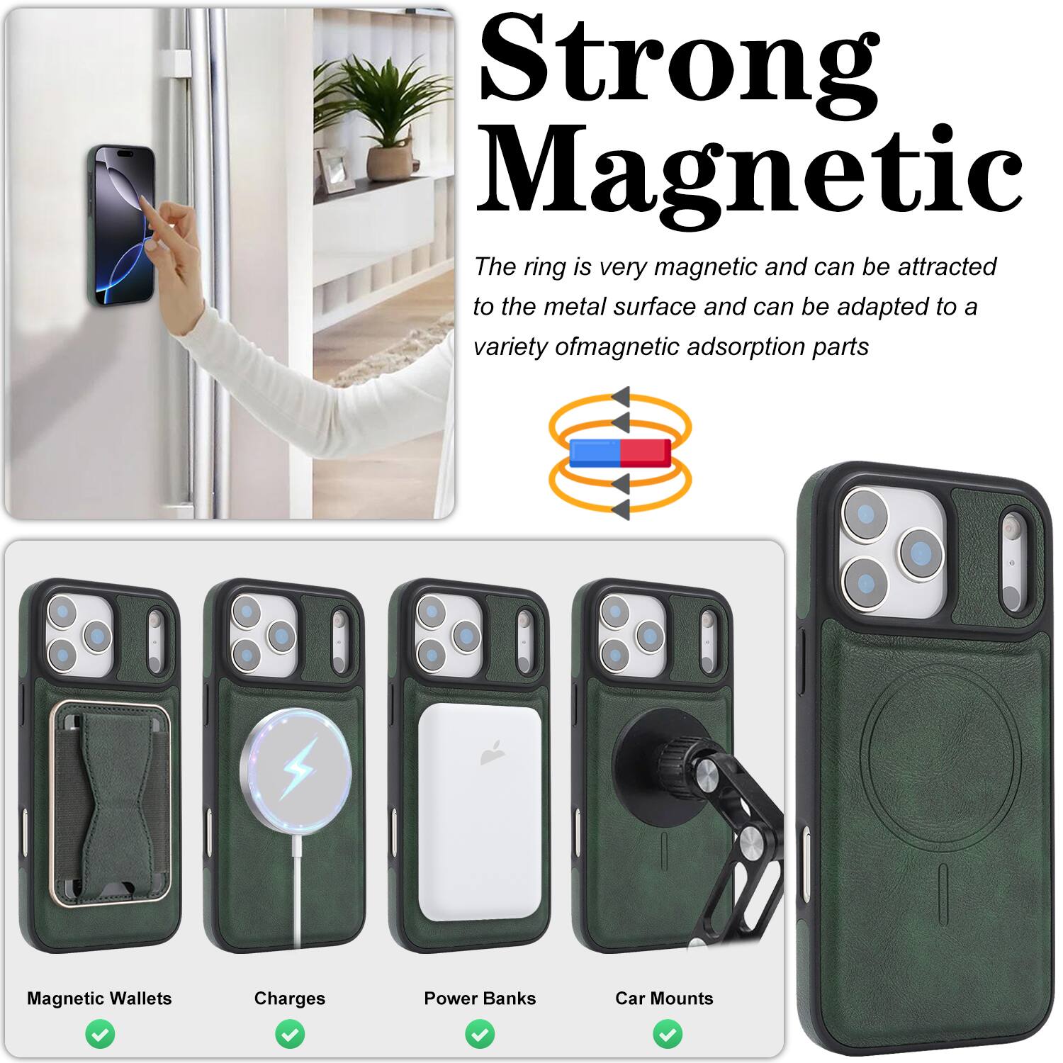 Strong Magnetic  
The ring is very magnetic and can be attracted to the metal surface and can be adapted to a variety of magnetic adsorption parts.

- Magnetic Wallets
- Charges
- Power Banks
- Car Mounts