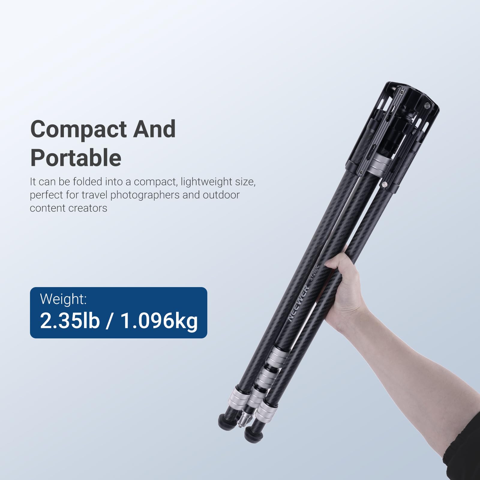 Compact And Portable  
It can be folded into a compact, lightweight size, perfect for travel photographers and outdoor content creators  

Weight: 2.35lb / 1.096kg