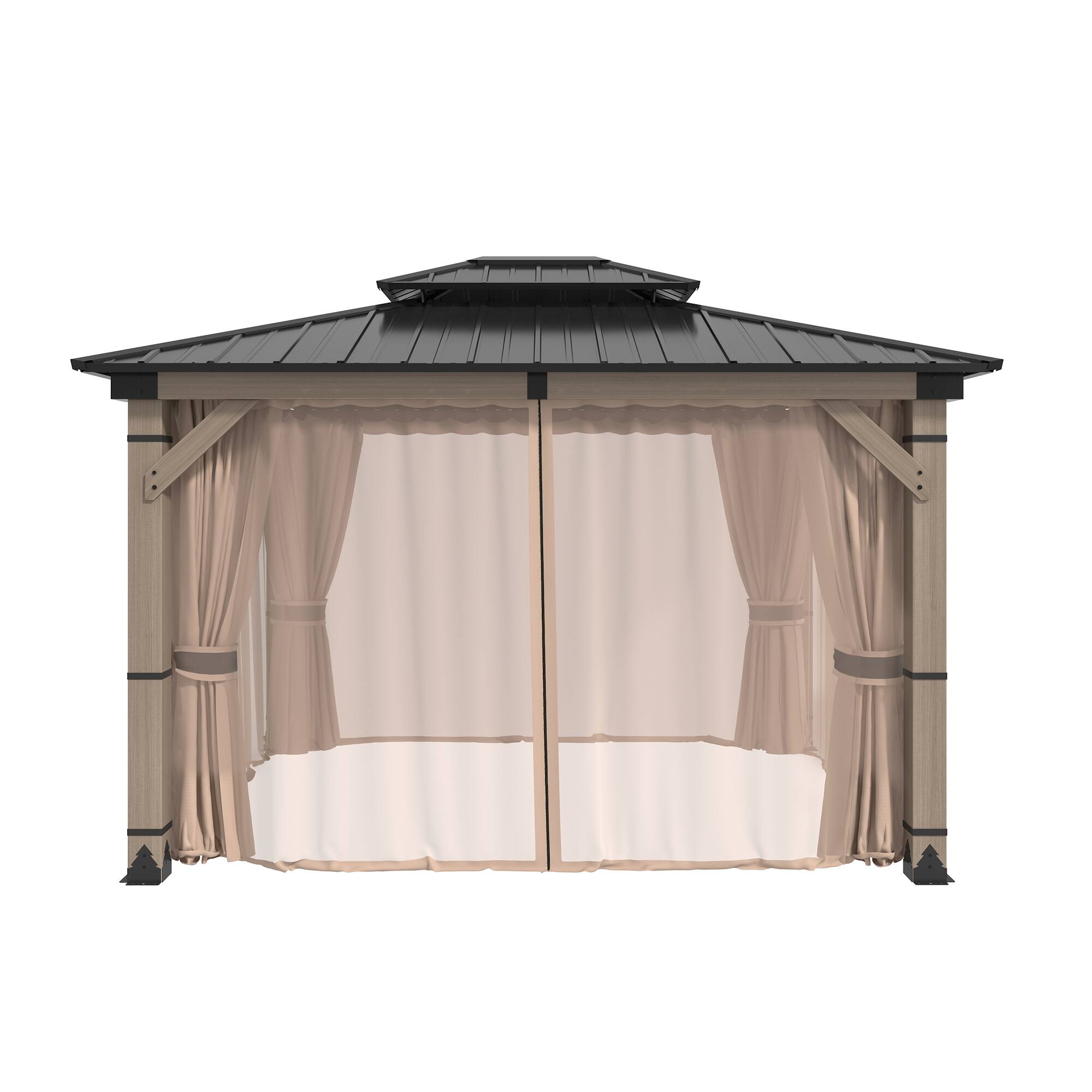 Alt View 5. Mondawe - 10x12 ft. Solid Cedar Wood Patio Gazebo with Curtains and Mesh Screens - Natural Wood + Black.